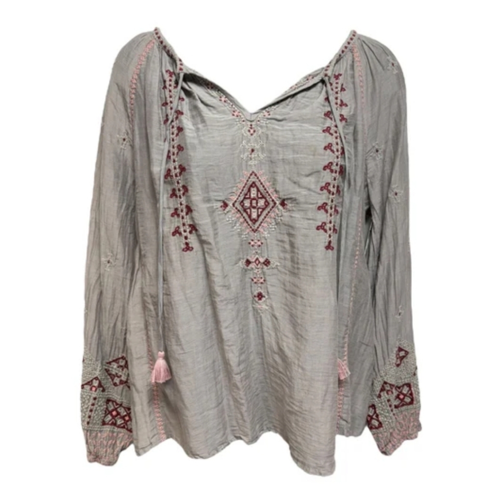 JOHNNY WAS Grey Embroidered Blouse Small
